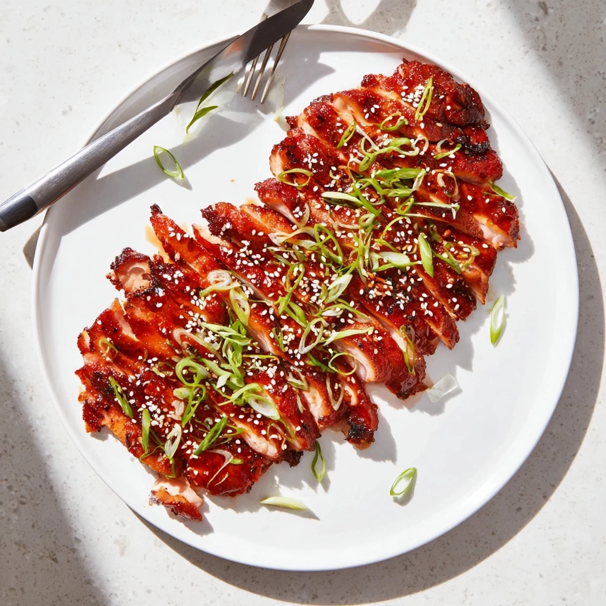 Succulent roasted chicken thighs coated in sweet char siu sauce glistening under oven lights on a wire rack