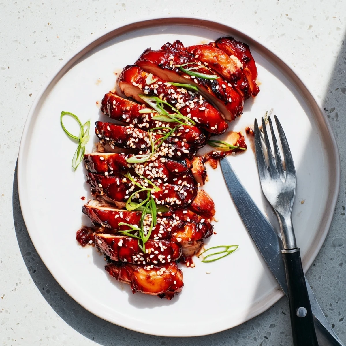 Plate of Chinese-style char siu chicken pieces with sticky red marinade and sesame seed topping