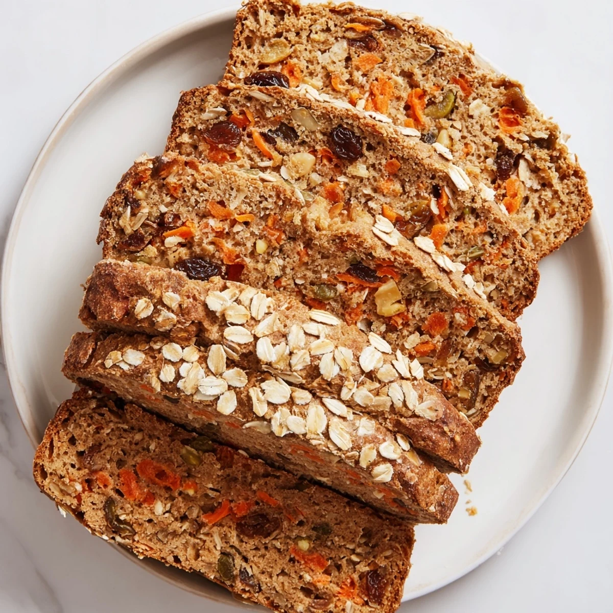 Golden brown carrot cake sourdough bread slice topped with cream cheese spread and walnut pieces