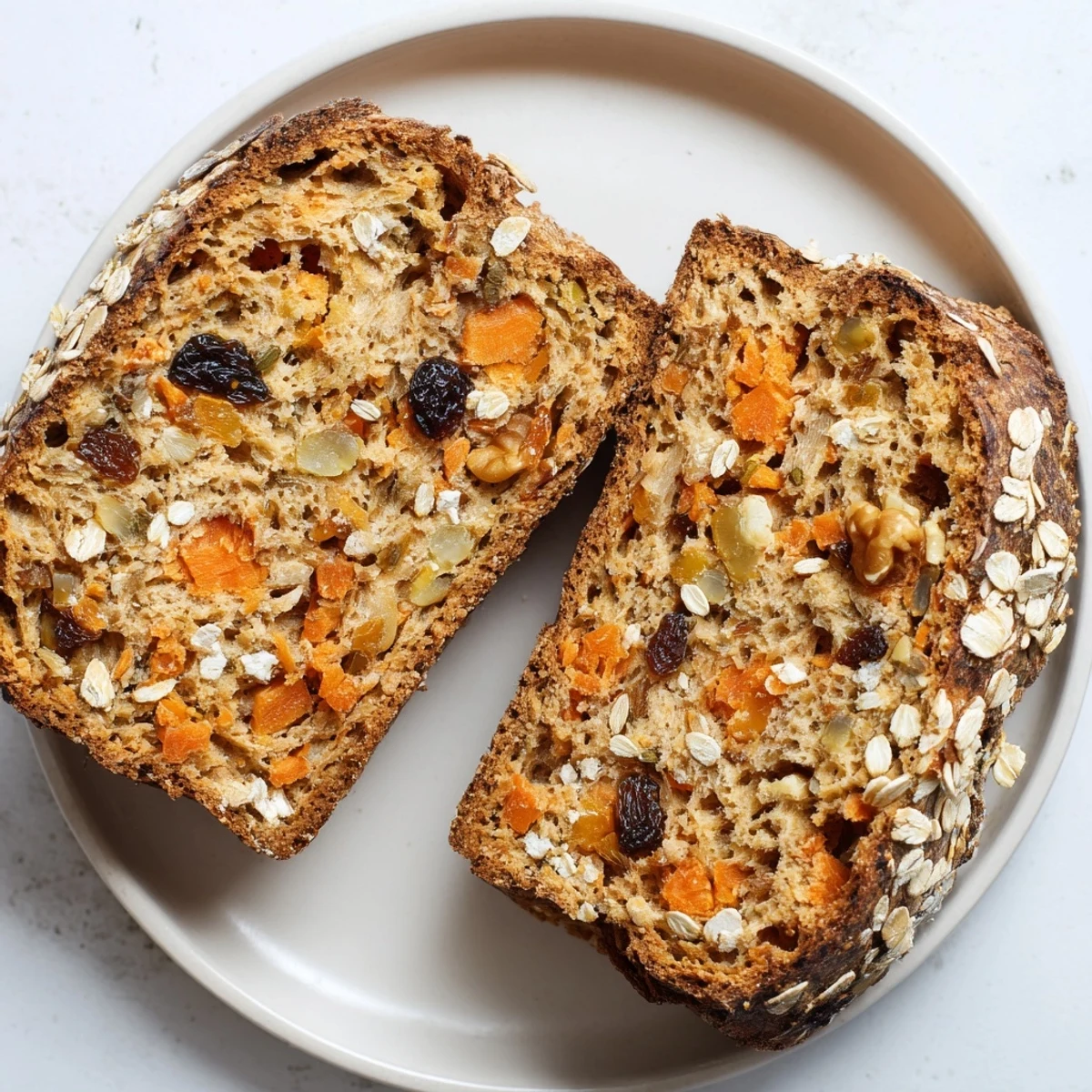 Rustic loaf of carrot cake sourdough bread with visible grated carrot specks and raisin pieces