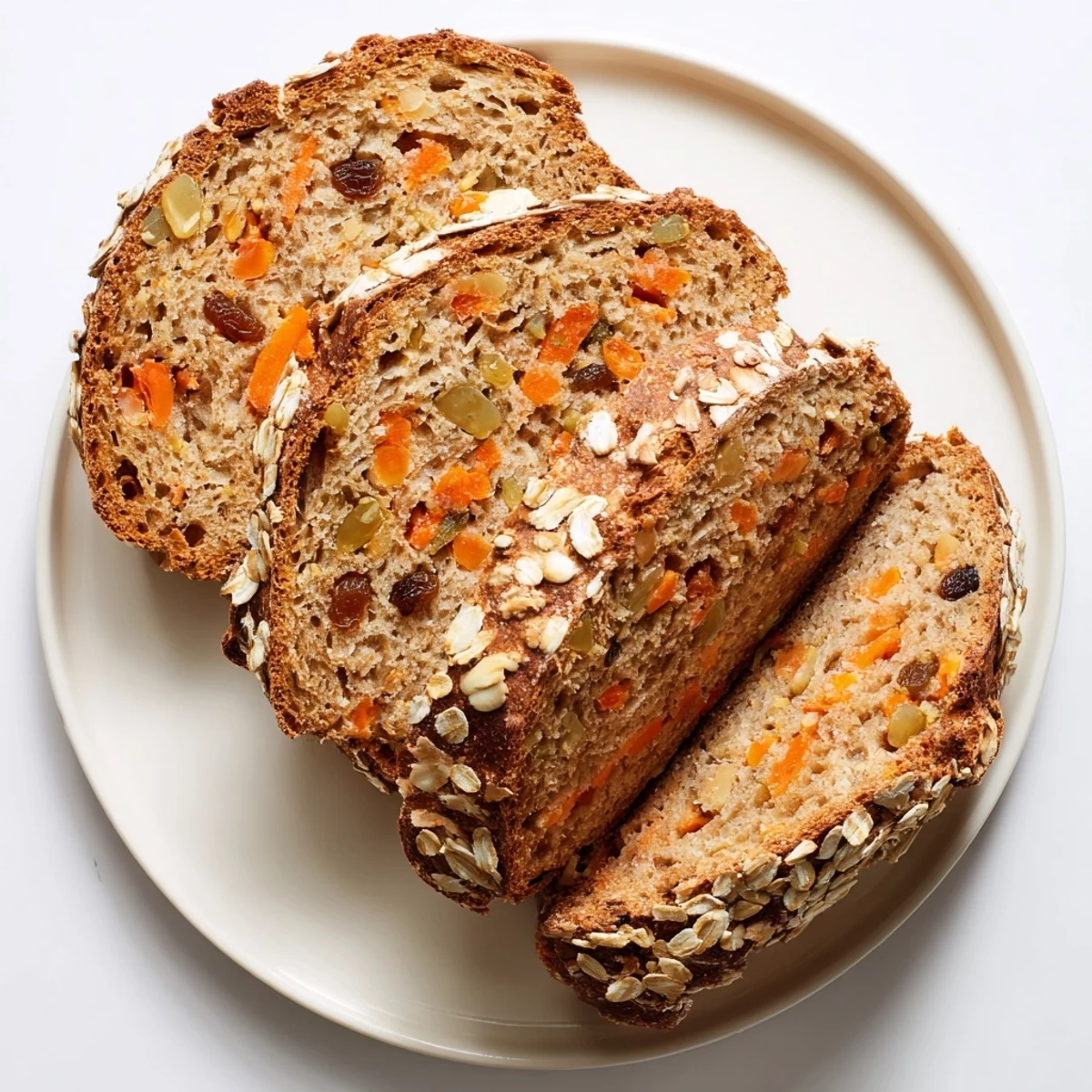 Freshly baked carrot cake sourdough bread on wooden board with oats and sunflower seed topping