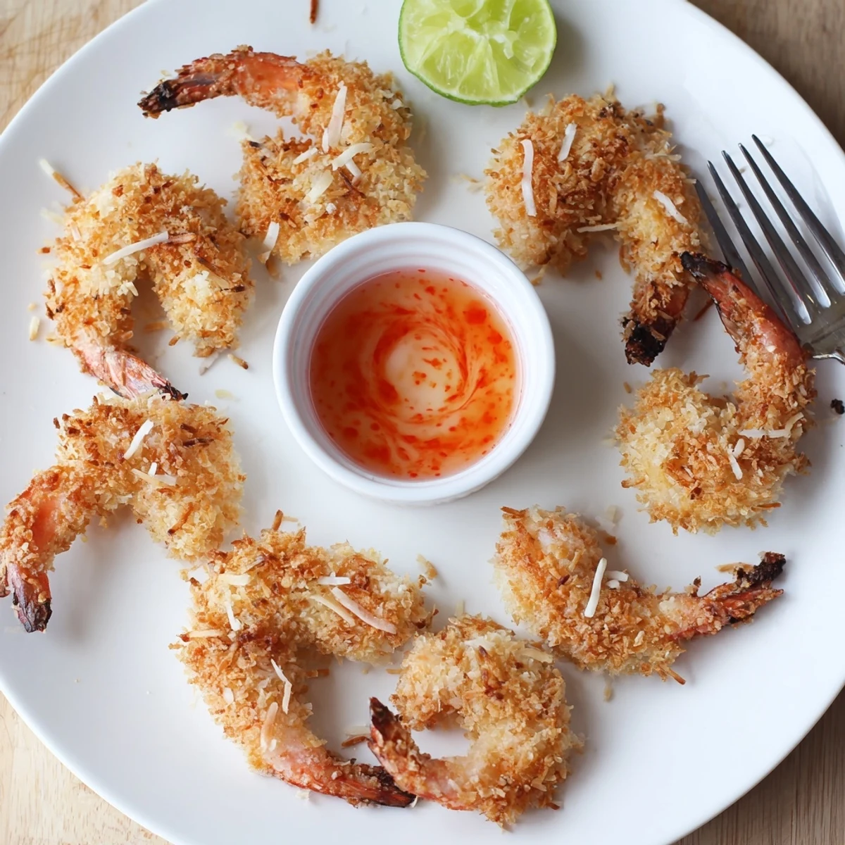 Golden fried coconut shrimp with crispy coconut breading served on white plate