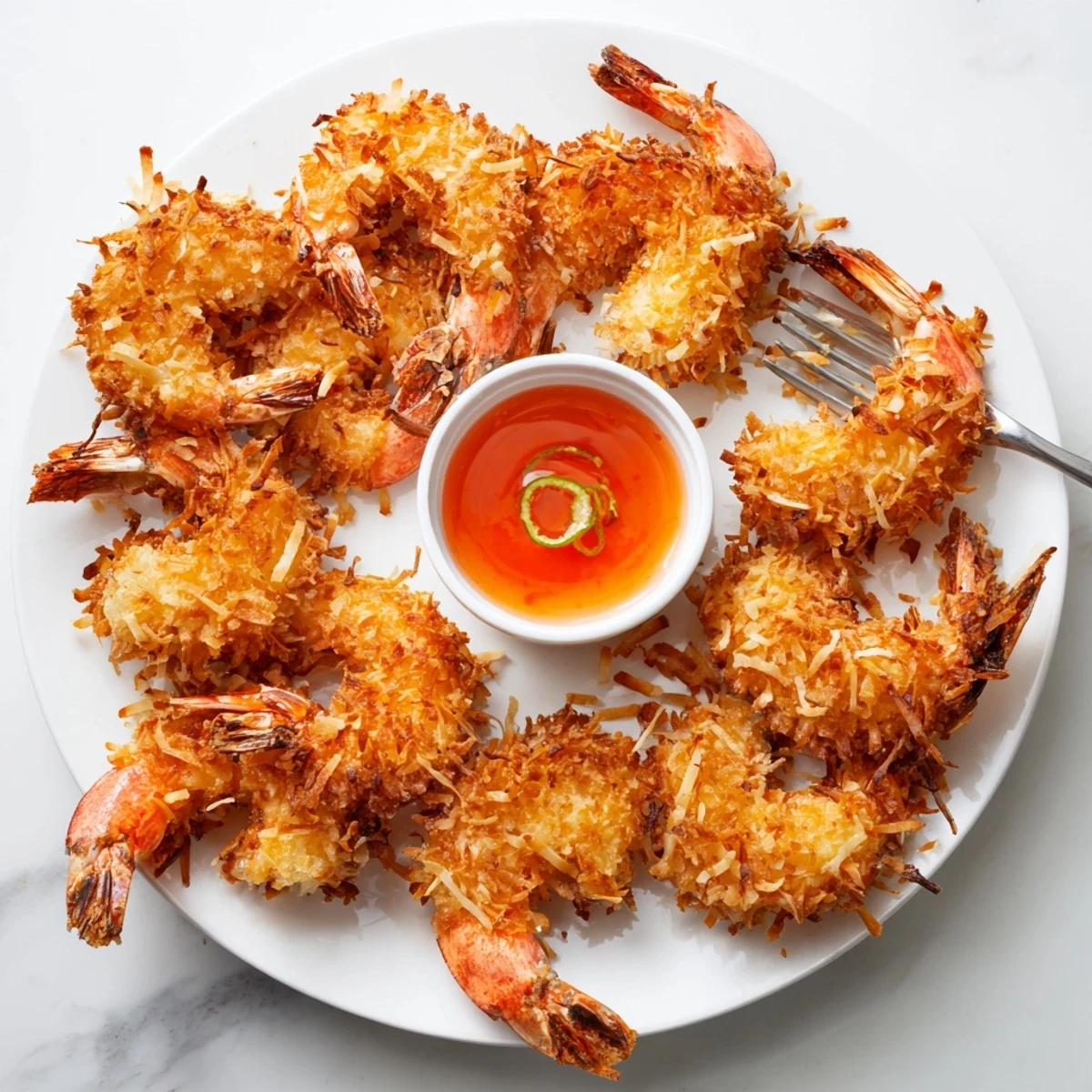Tropical coconut shrimp appetizer with sweet chili dipping sauce and lime wedge
