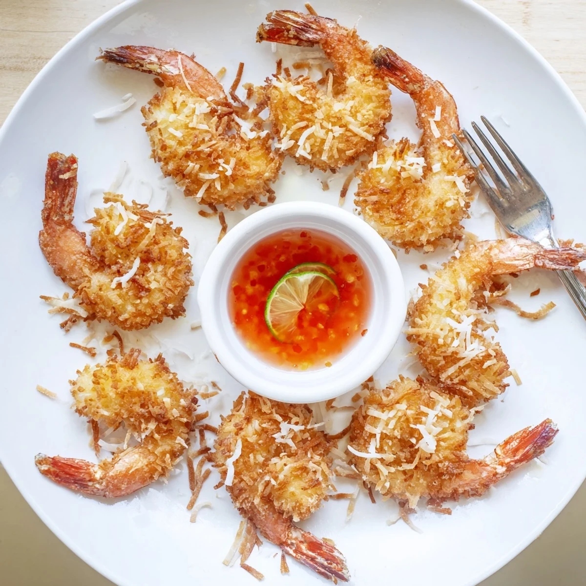 Crispy golden brown coconut shrimp arranged on platter with tails visible