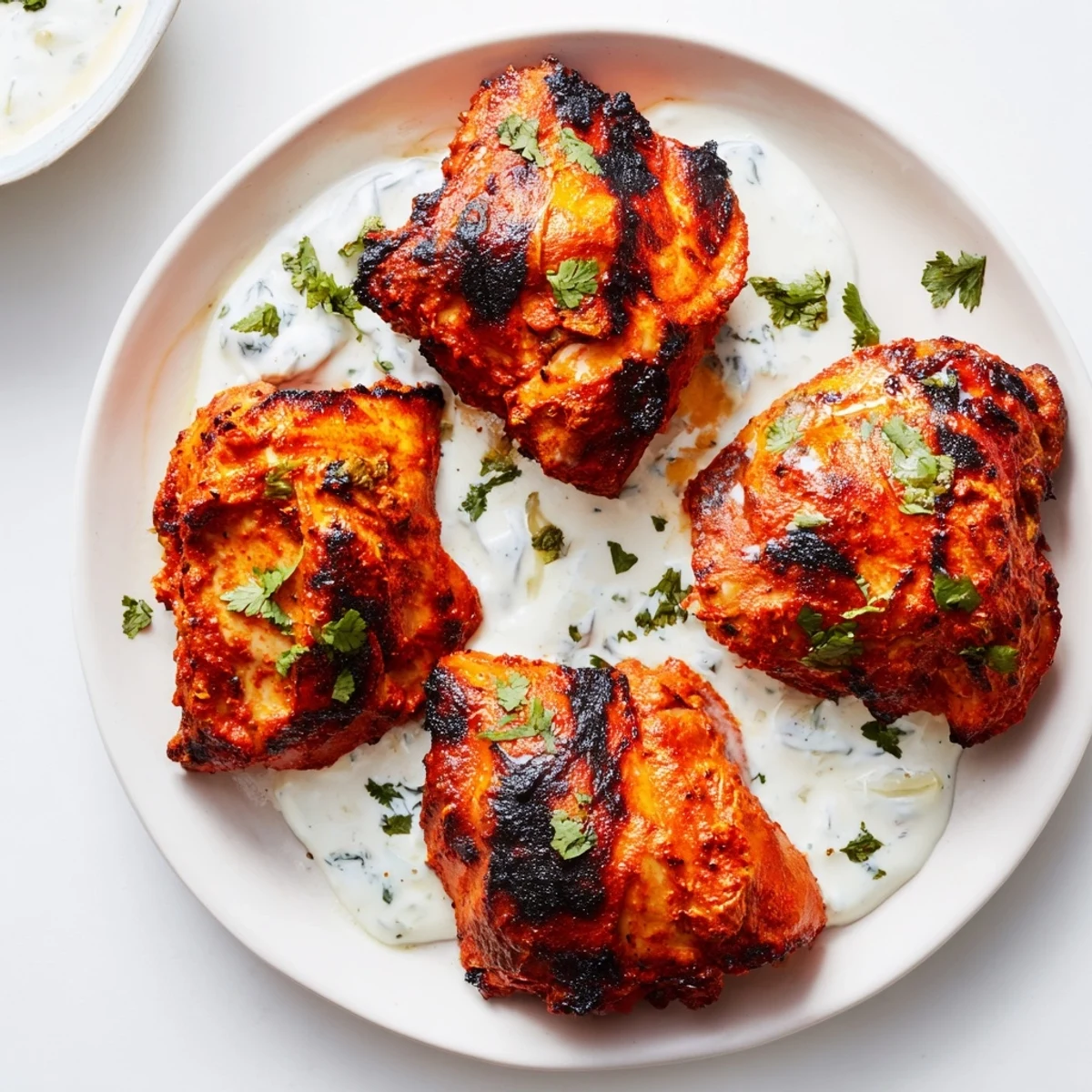 Tandoori chicken recipe showing charred chicken pieces with bright red spices and fresh cilantro garnish