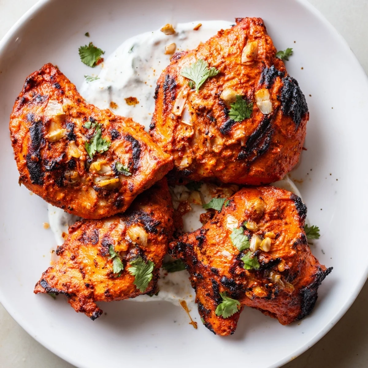 Golden brown tandoori chicken pieces with smoky grill marks served on a white plate