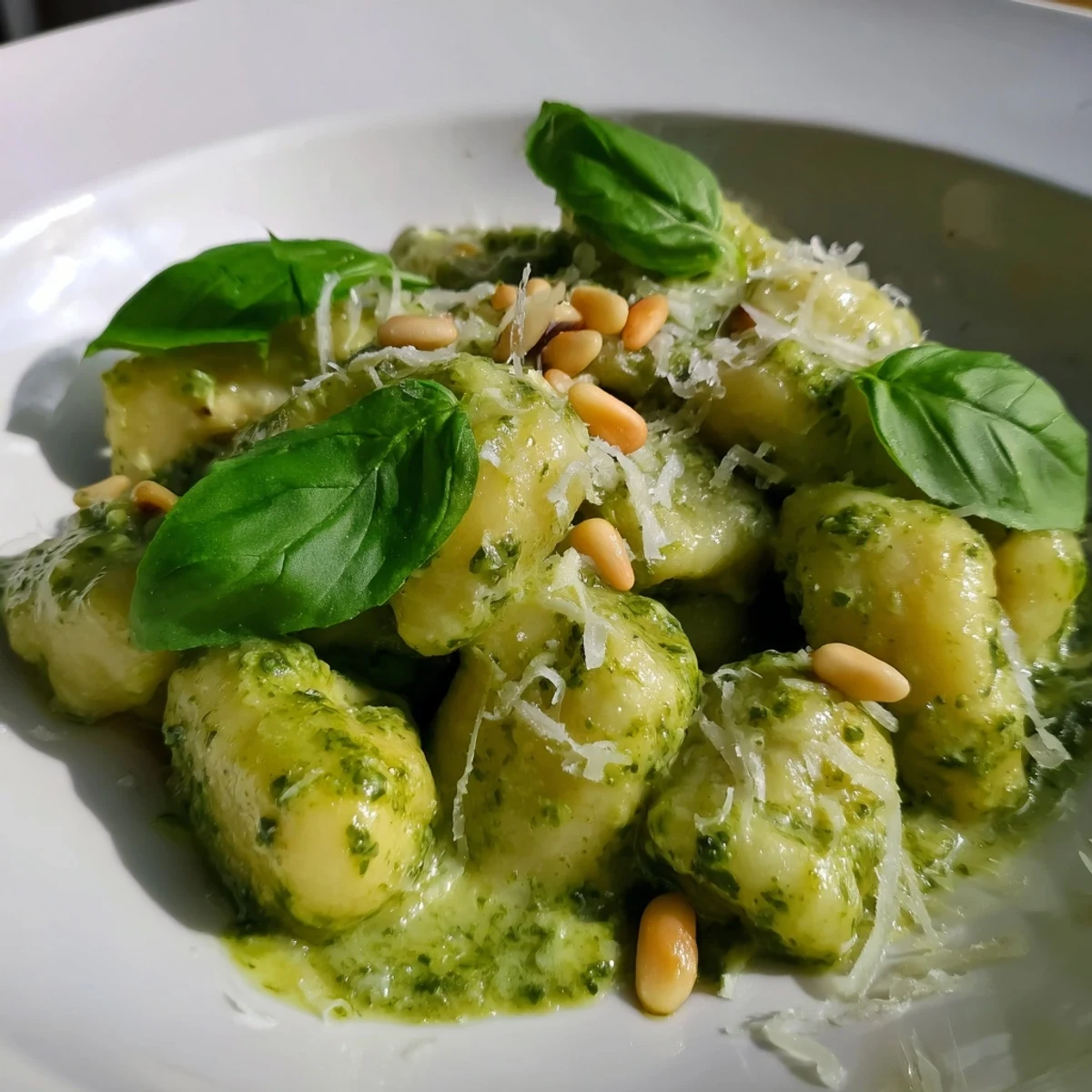Creamy pesto gnocchi in a rich herbaceous sauce garnished with fresh basil leaves