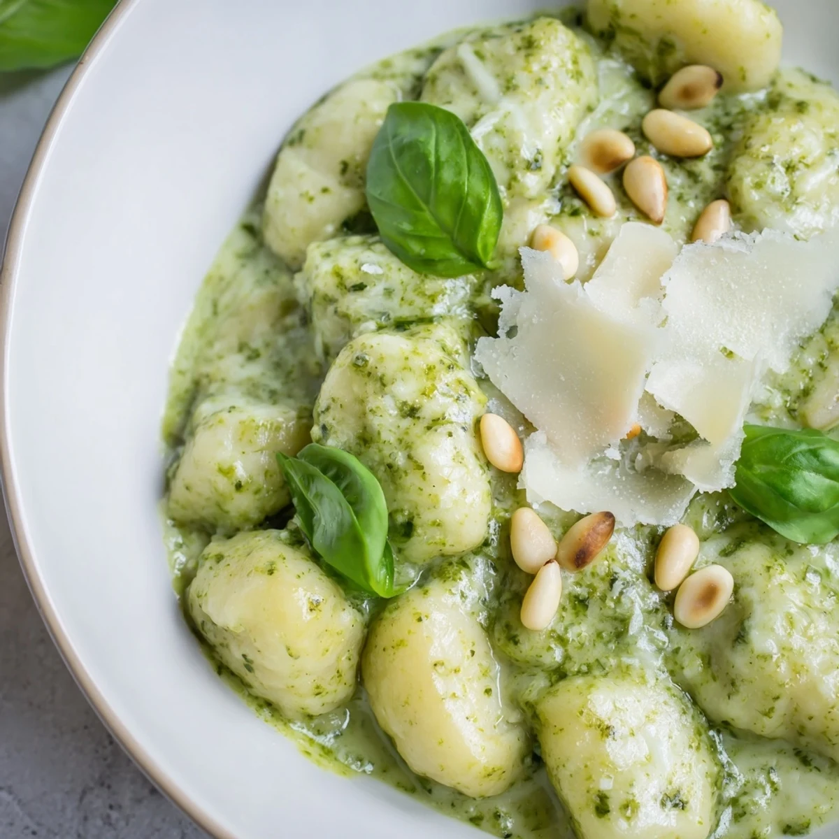 Bowl of fluffy gnocchi tossed in vibrant basil pesto sauce with pine nut topping