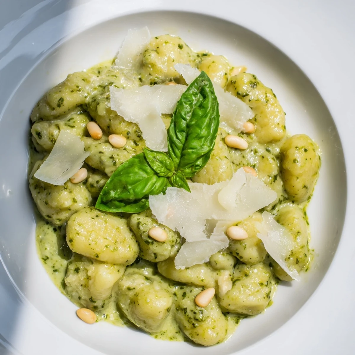 Golden potato gnocchi coated in velvety green pesto cream with Parmesan shavings
