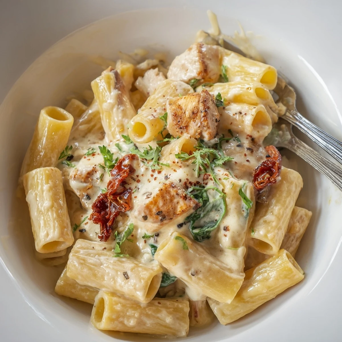 Forkful of Creamy Chicken Rigatoni Recipe with sun-dried tomatoes and parsley