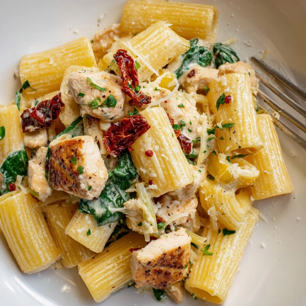 Steaming bowl of Creamy Chicken Rigatoni Recipe tossed in parmesan butter