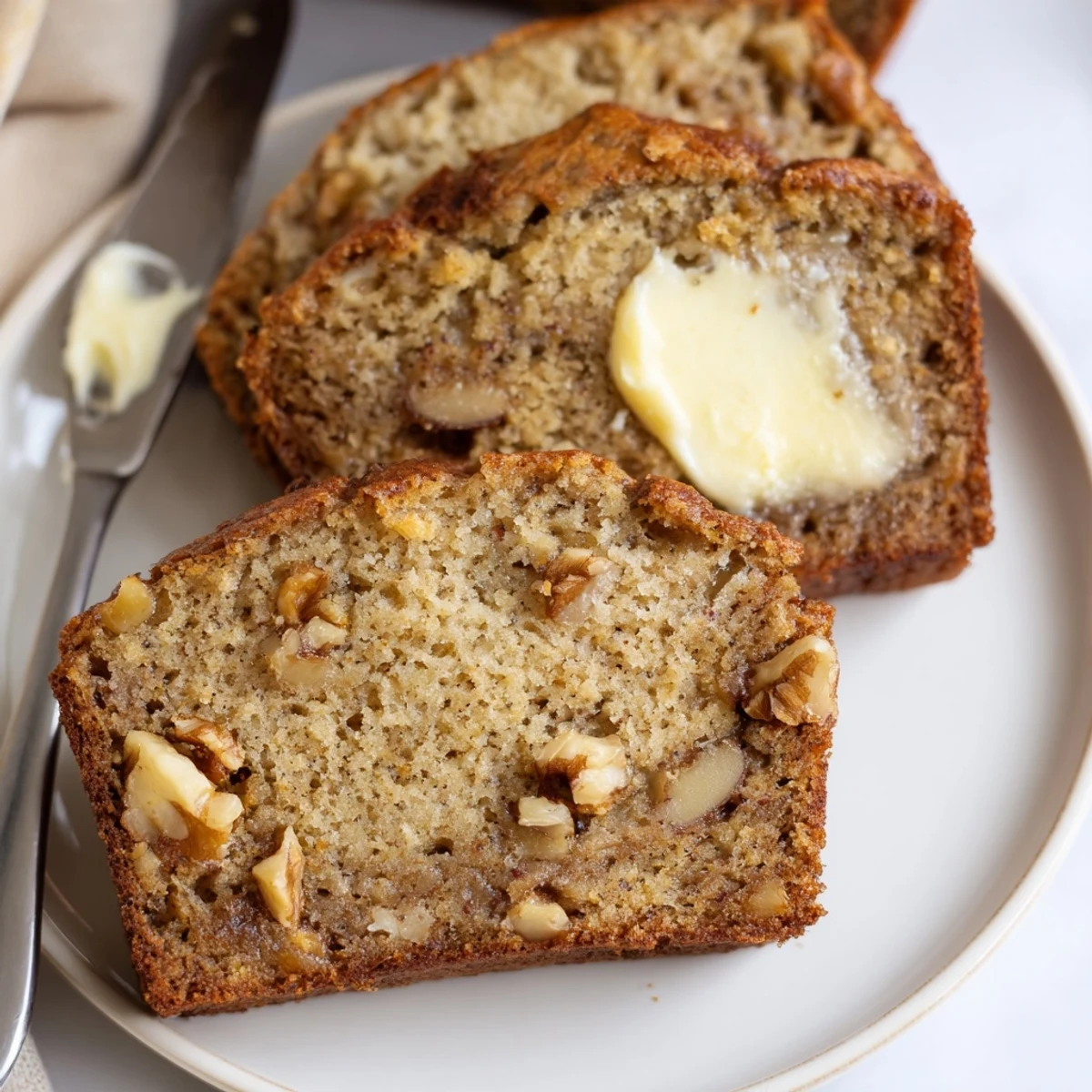 Freshly baked Banana Bread Delight on cutting board, slice ready for breakfast