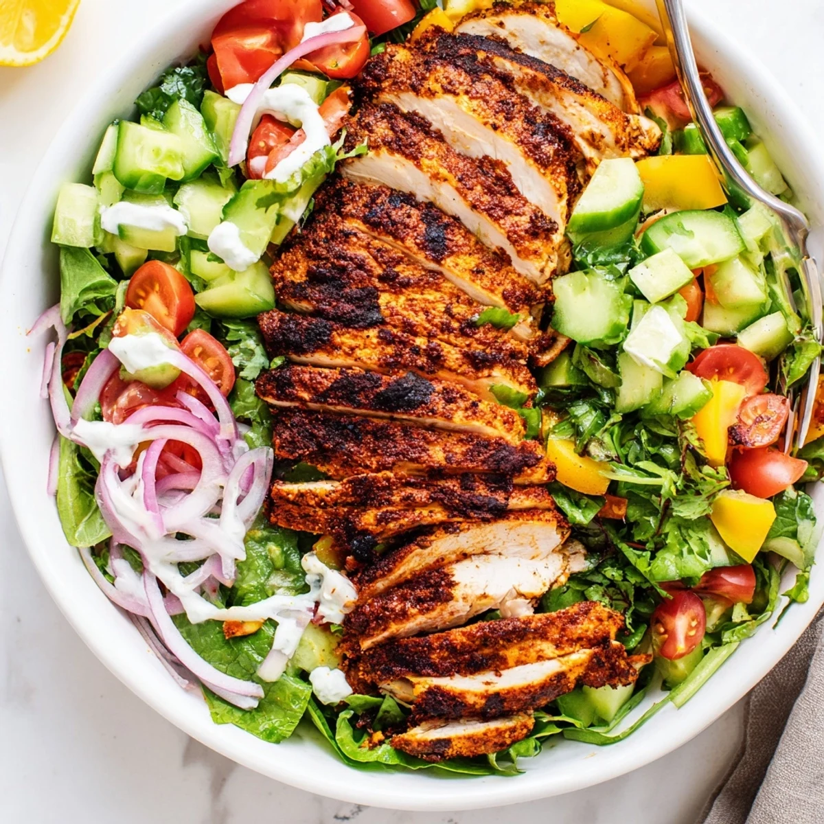 Charred chicken, tangy yogurt drizzle, fresh herbs feature in Chicken Shawarma Salad Recipe.
