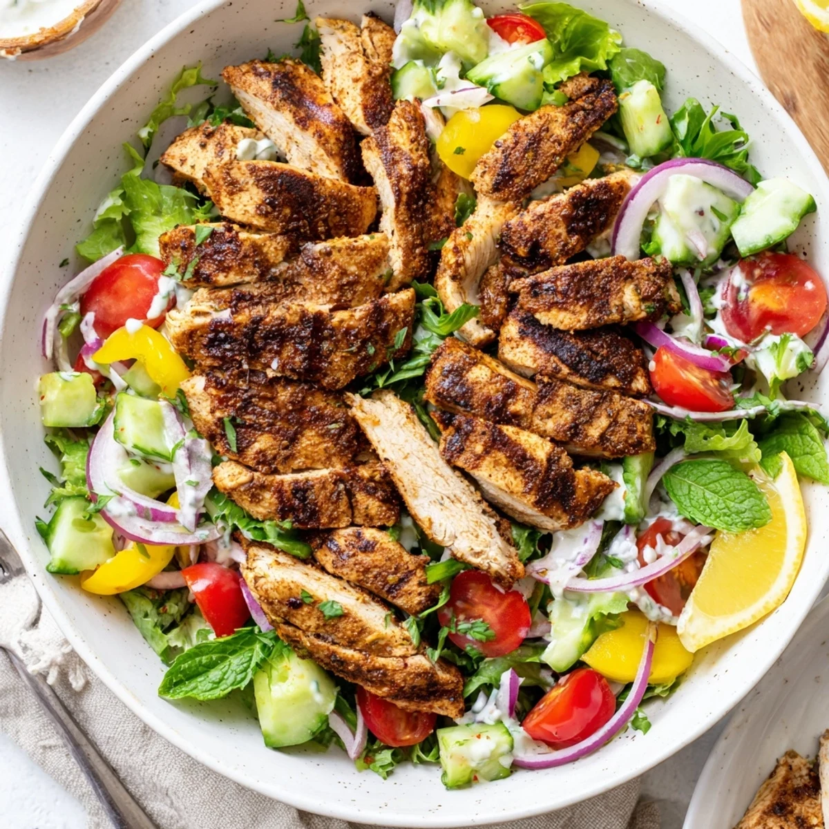 Grilled, spiced chicken strips atop mixed greens in Chicken Shawarma Salad Recipe.