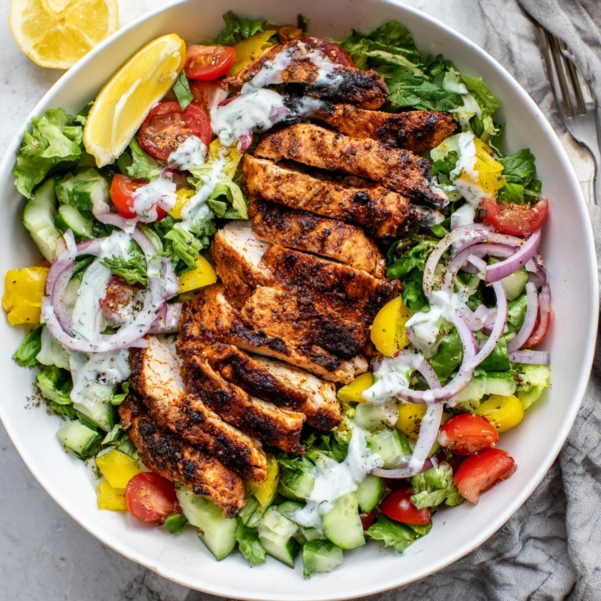 Bright cherry tomatoes, cucumber crunch, lemon wedge beside Chicken Shawarma Salad Recipe.