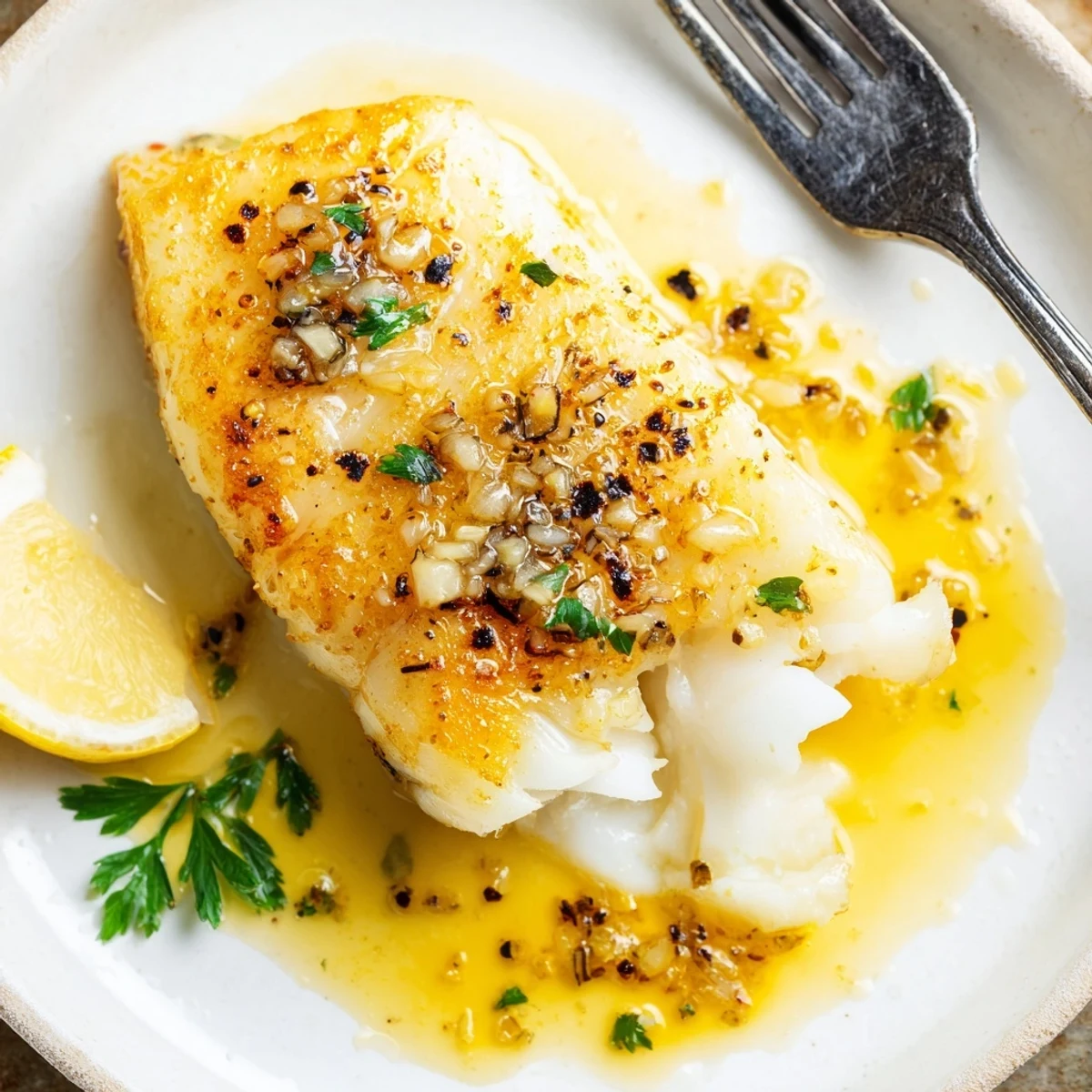 Garlic Butter Fish Recipe with golden seared fillets and lemon wedges