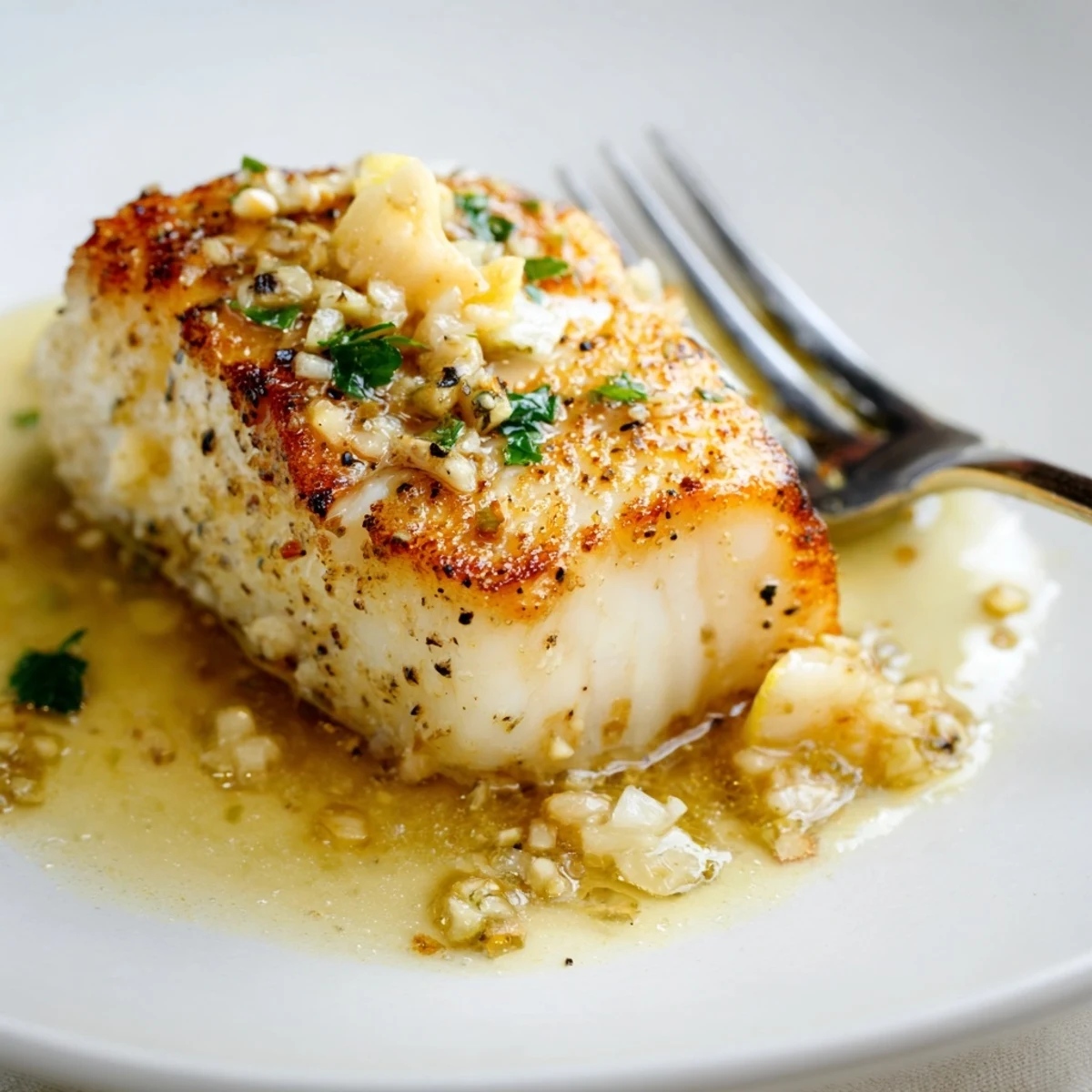 Buttery garlic sauce spooned over flaky cod in Garlic Butter Fish Recipe