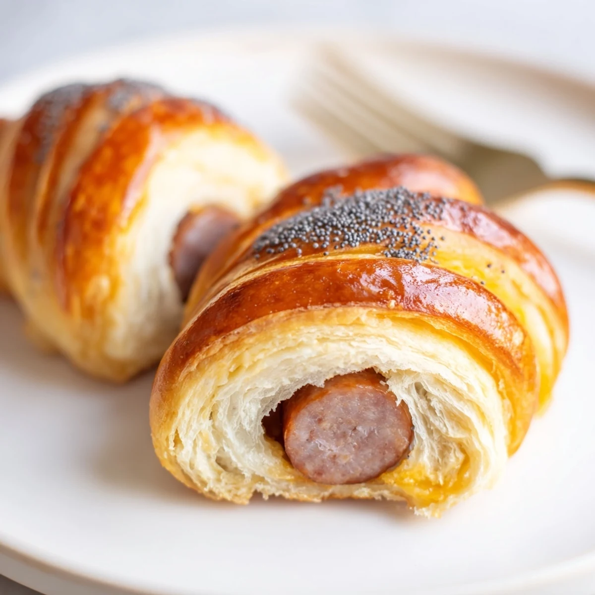 Sausage Crescent Rolls steaming on a baking sheet, golden flaky edges.
