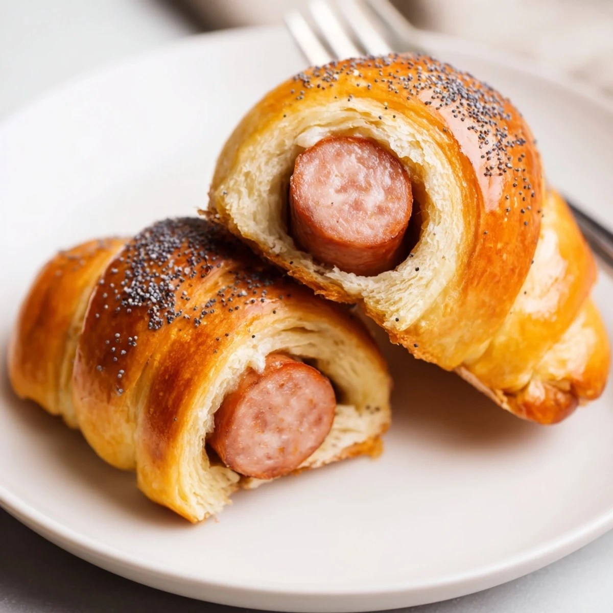Plate of warm Sausage Crescent Rolls appetizer with tangy mustard dip.