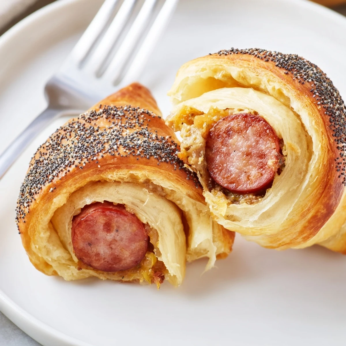 Sausage Crescent Rolls showing juicy sausage inside, flaky, sprinkled sesame seeds.