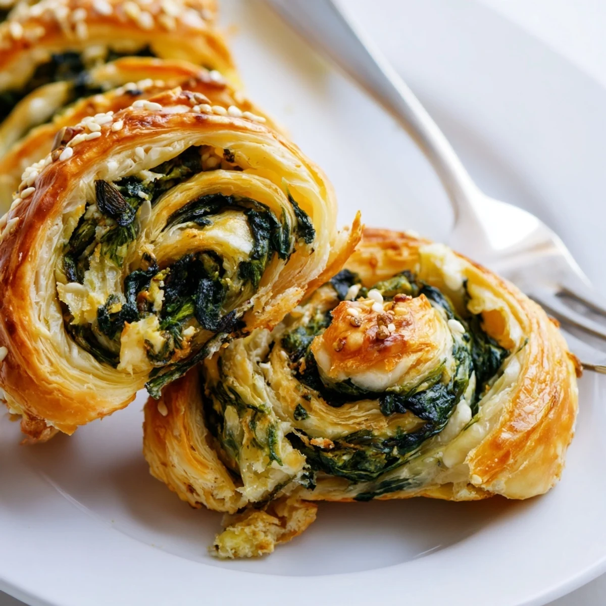 Crisp Spinach And Feta Puff Pastry Twists served warm with cooling yogurt dip