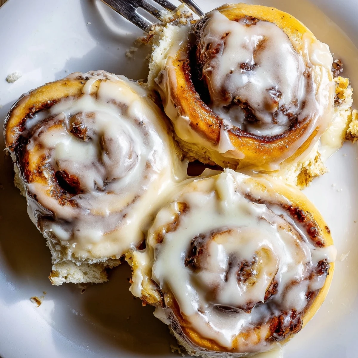 Warm Banana Bread Cinnamon Rolls drizzled with cream cheese icing, steam rising