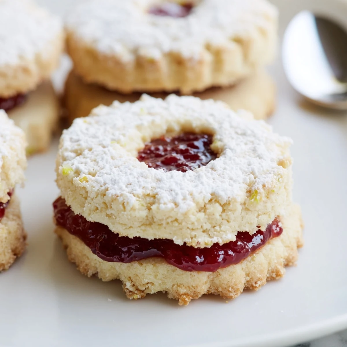 Warm Raspberry Lemon Shortbread Cookies with glossy raspberry jam centers, bright lemon aroma.