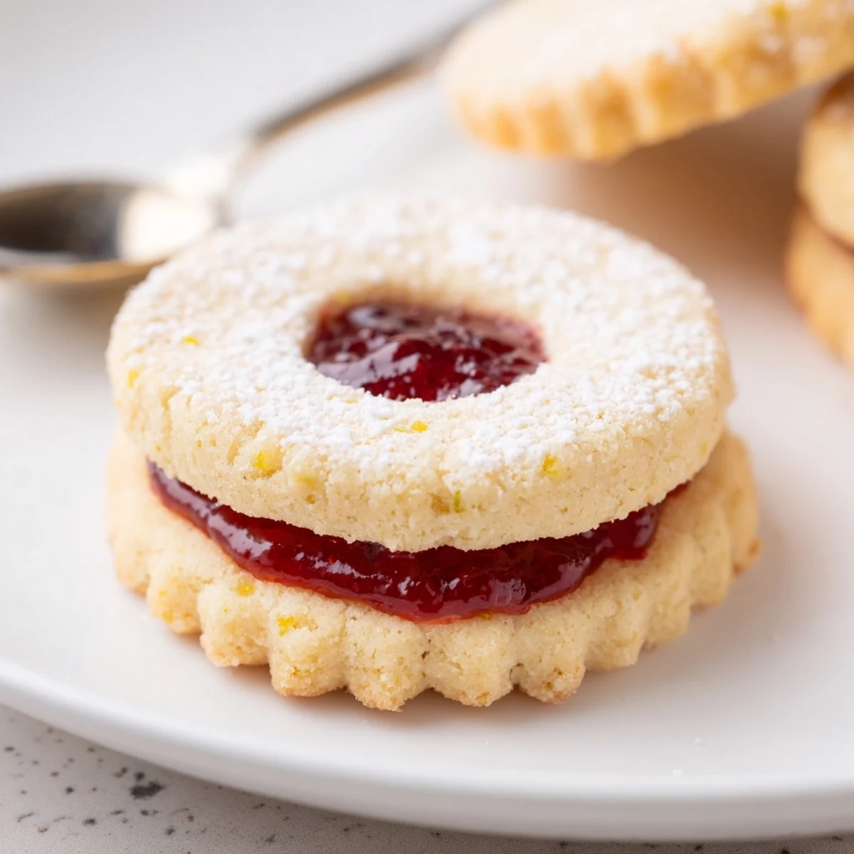 Raspberry Lemon Shortbread Cookies on a wire rack, powdered sugar dusting.