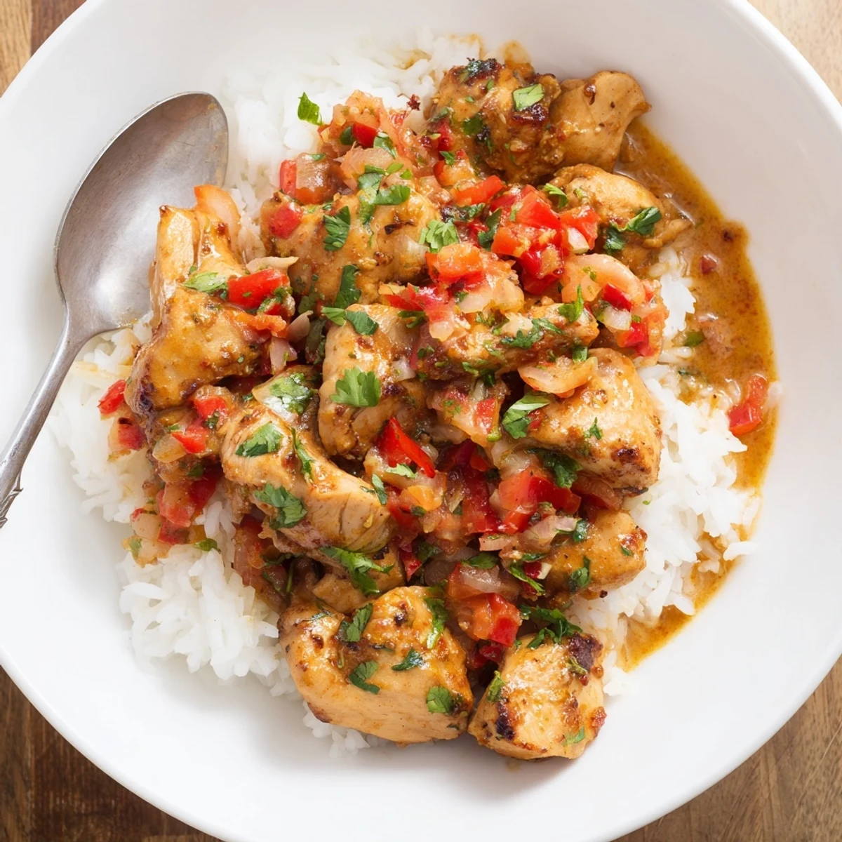 Spicy Brazilian Coconut Chicken in creamy sauce, tender chicken, cilantro garnish