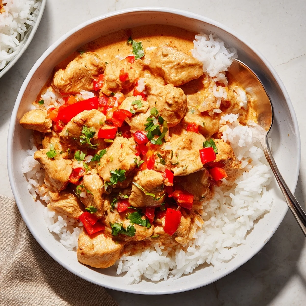 Skillet-style Spicy Brazilian Coconut Chicken simmering with red chilies and lime