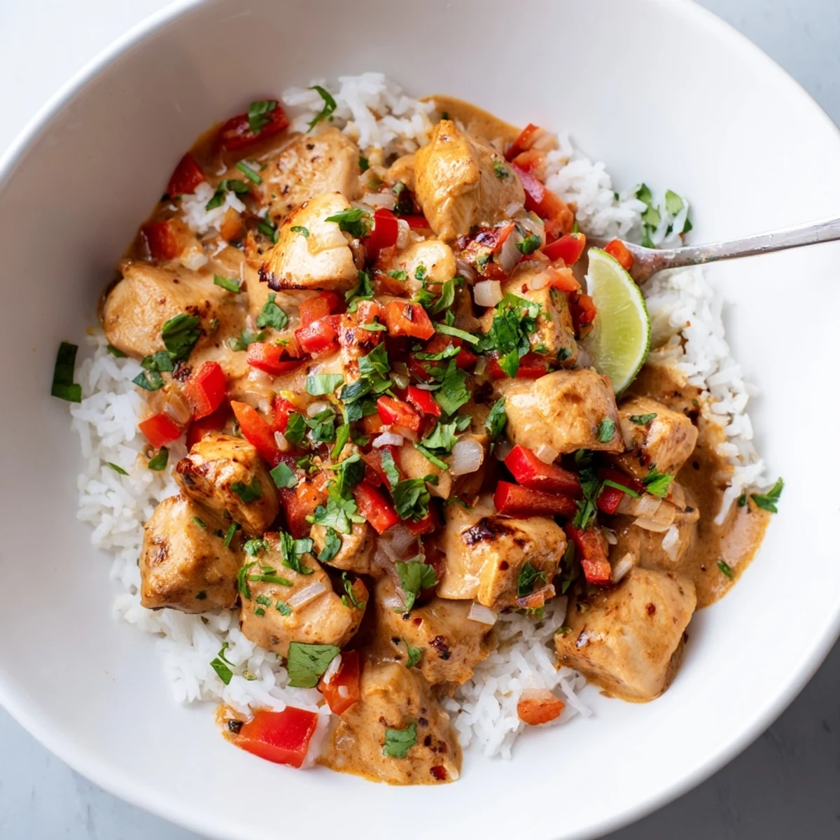 Bowl of Spicy Brazilian Coconut Chicken served over steaming white rice