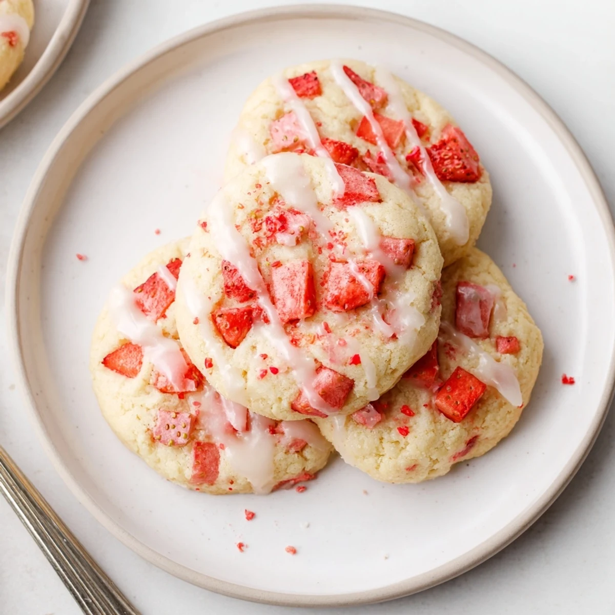 Fresh baked Strawberry Lemonade Cookies cooling on a rack, lemon zest glistening