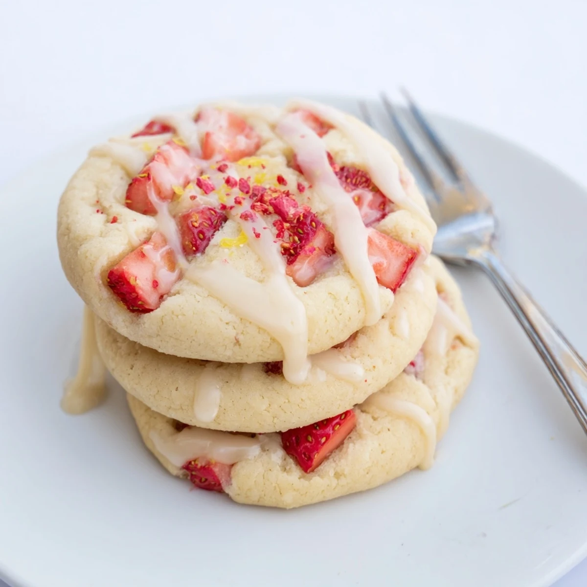 Plate of bright Strawberry Lemonade Cookies, chewy centers, drizzle of lemon glaze