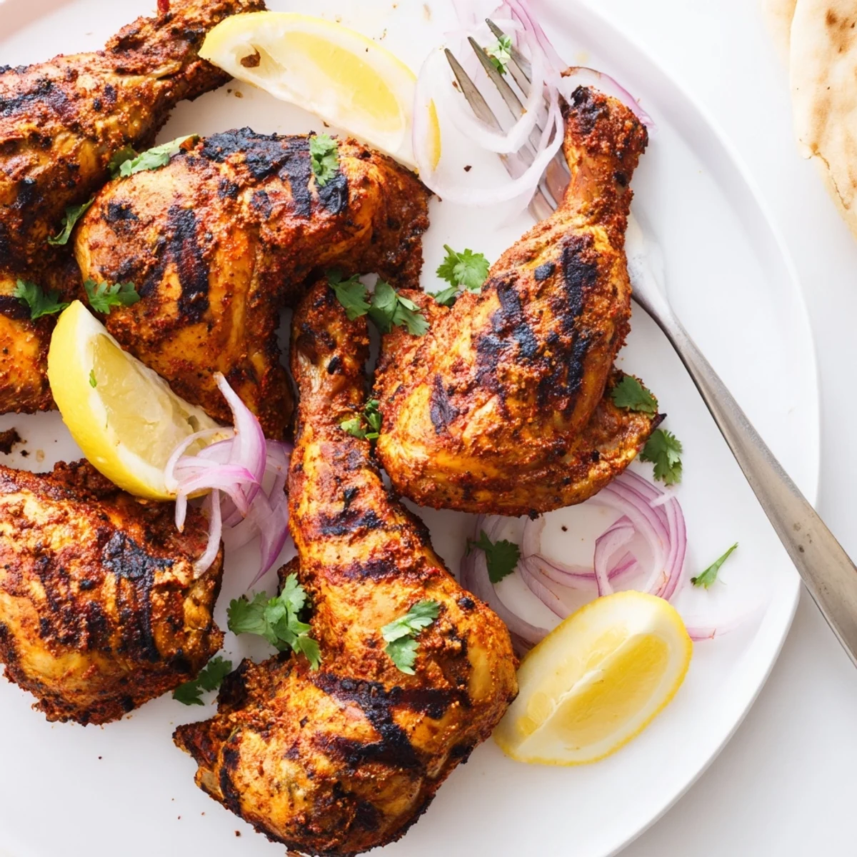 Grilled Spicy Tandoori Chicken with charred skin, lemon wedges and cilantro
