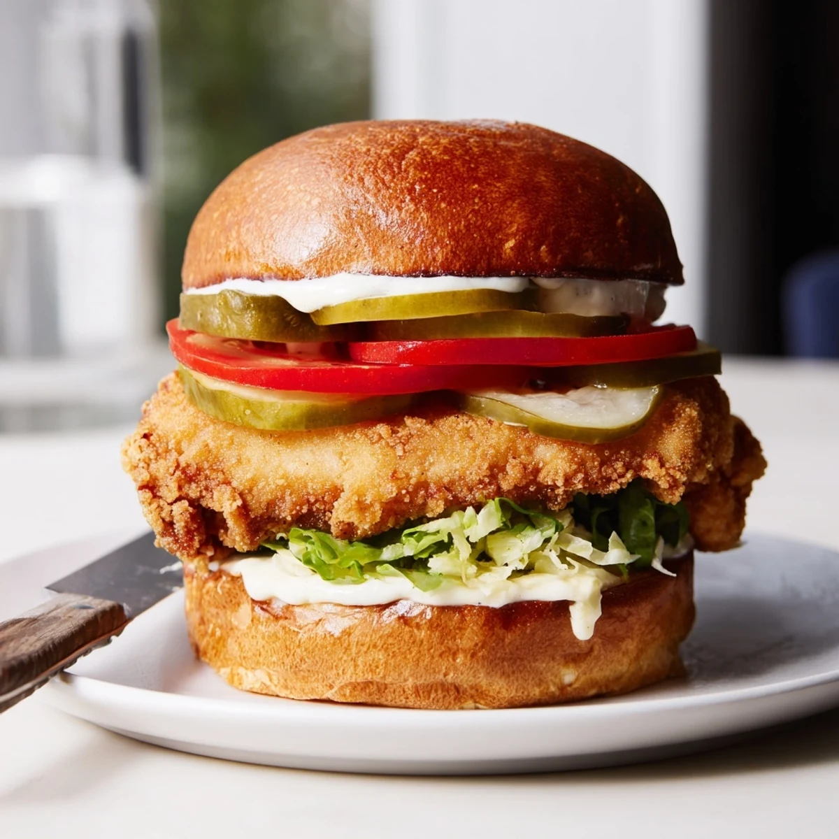 Cajun Crispy Chicken Sandwich with Garlic Aioli on toasted brioche, juicy tomato