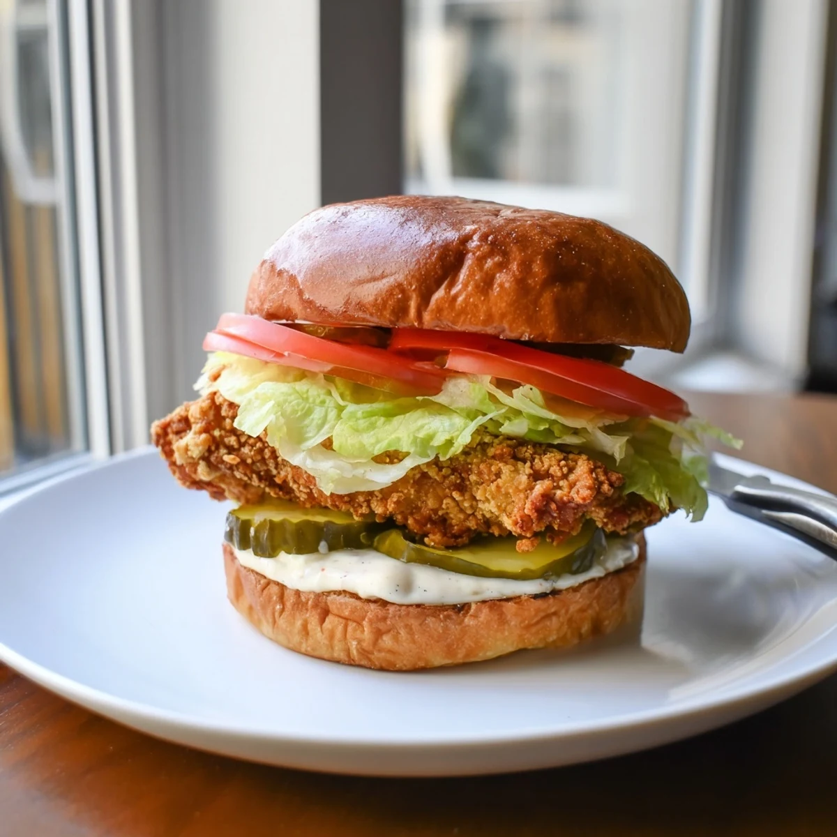 Golden fried chicken with crunchy lettuce in Cajun Crispy Chicken Sandwich with Garlic Aioli