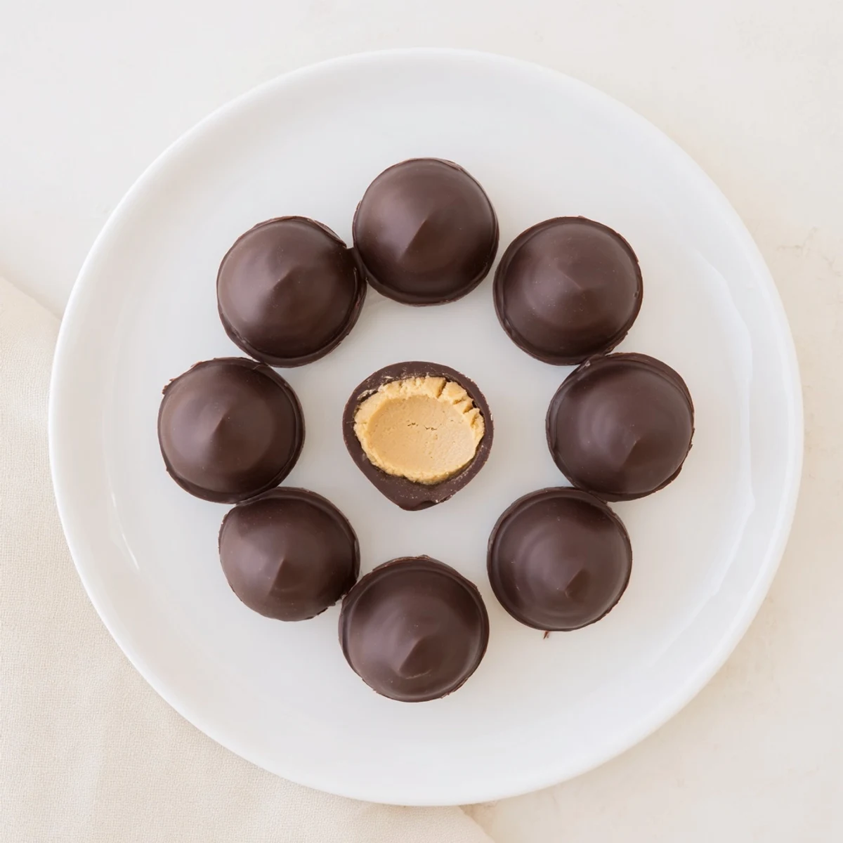 Homemade Peanut Butter Eggs with glossy chocolate coating, chilled on parchment