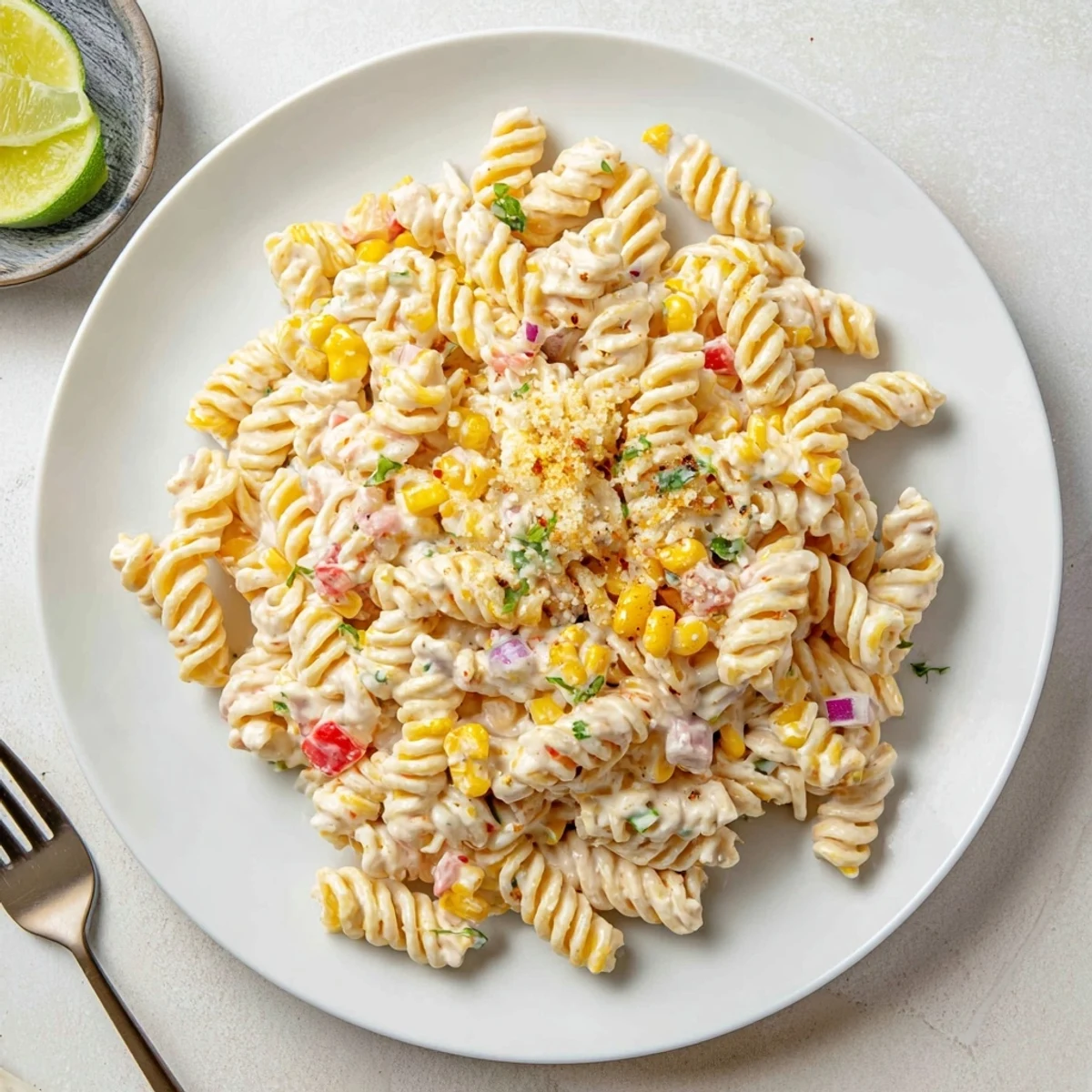 Creamy Street Corn Pasta Salad with charred corn, cotija, lime wedges for picnics