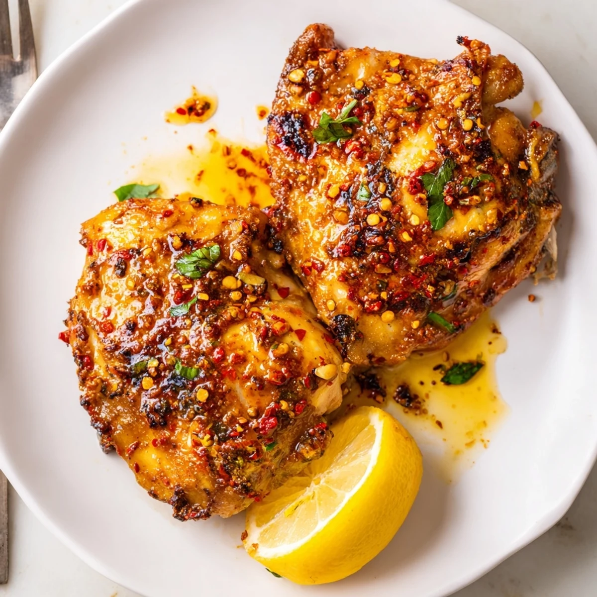 Peri Peri Chicken with charred skin, glossy sauce, lemon wedge garnish