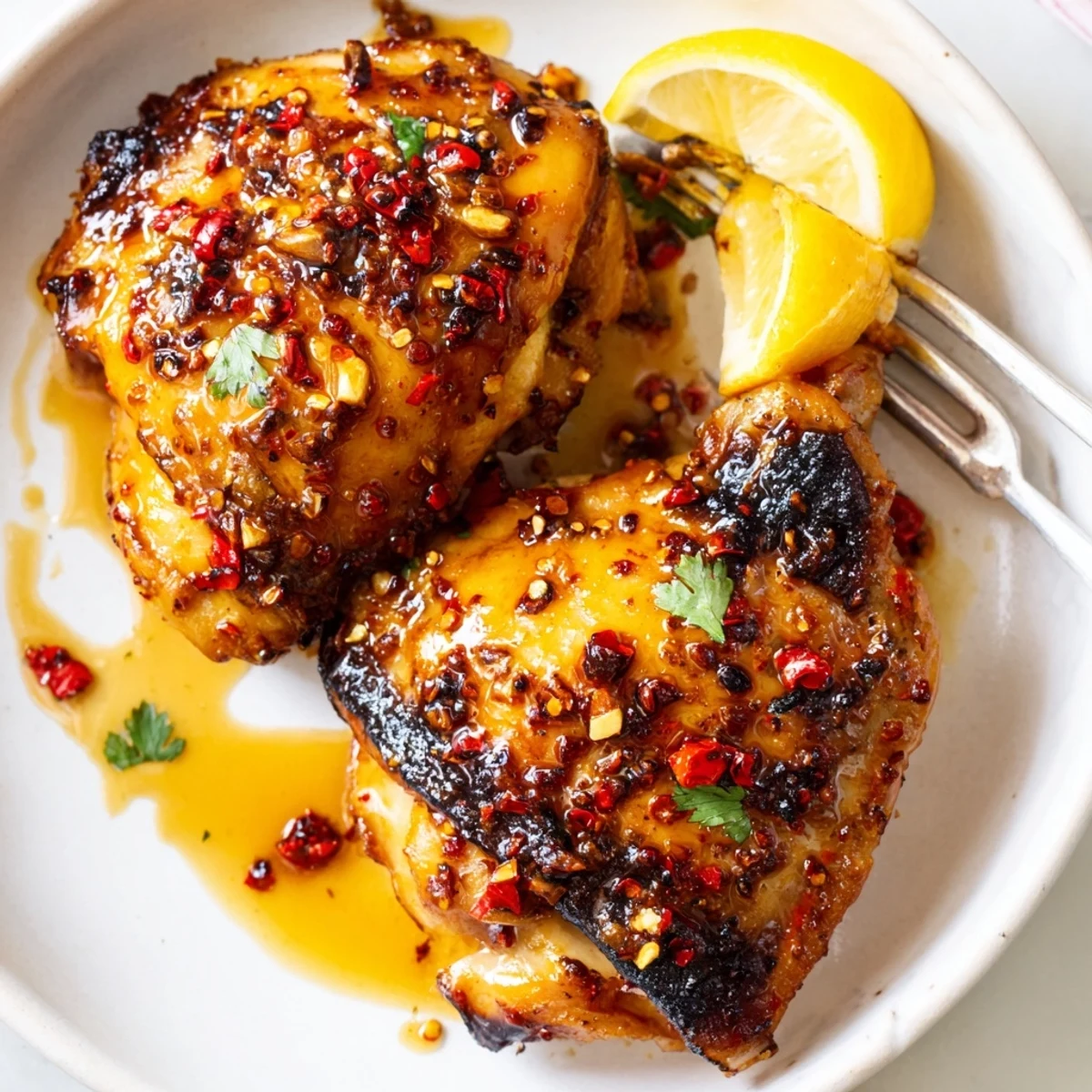 Grilled Peri Peri Chicken thighs sizzling, brushed with marinade, served with fries