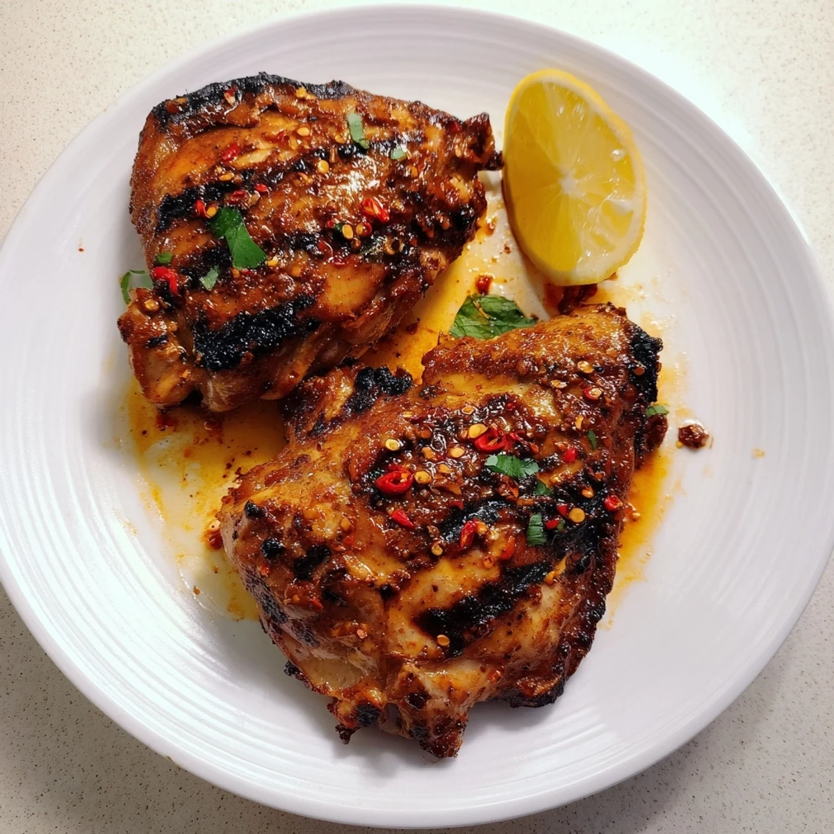 Spicy Peri Peri Chicken resting on wooden board, steam rising, cilantro