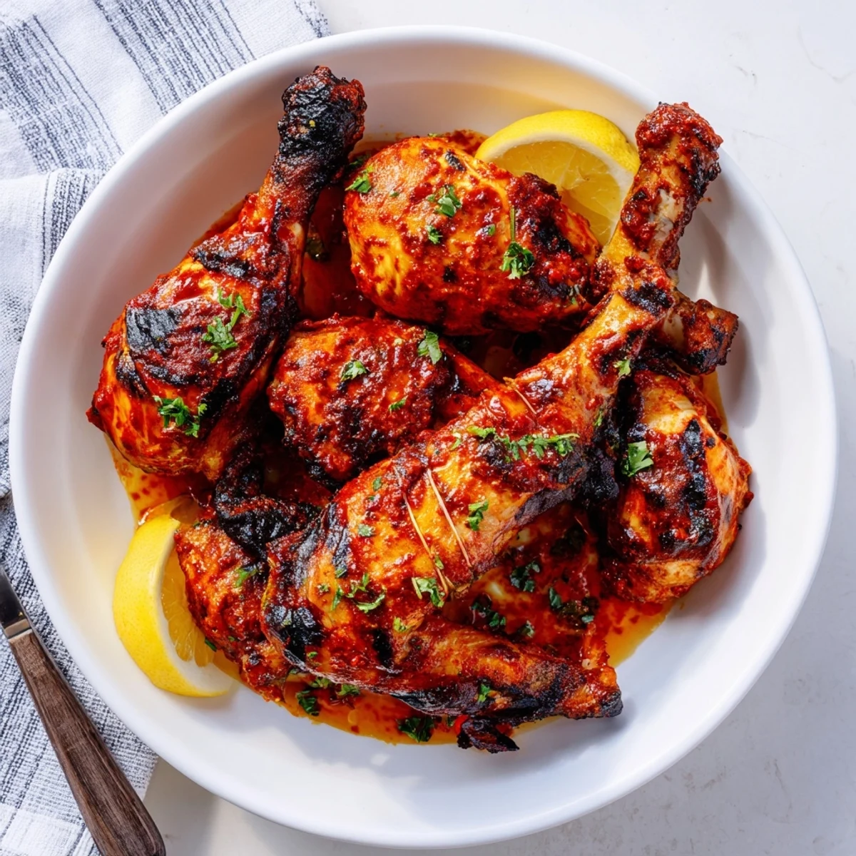 Peri Peri Chicken sizzling on the grill, charred skin, lemon wedges.