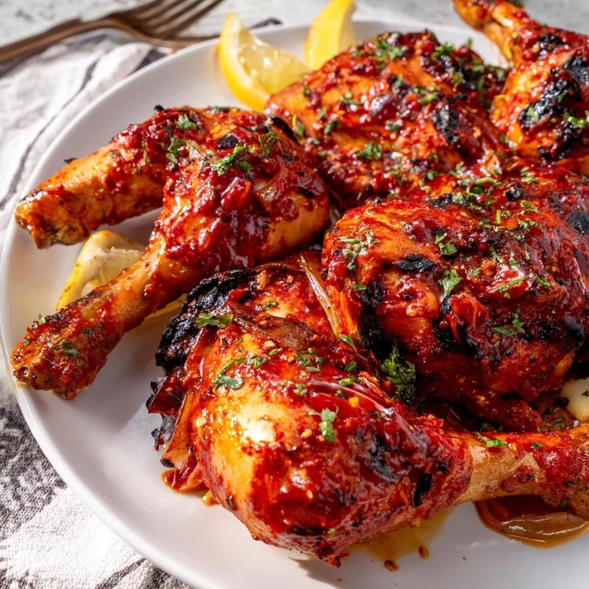 Spicy Peri Peri Chicken glazed with red sauce, parsley garnish, ready.