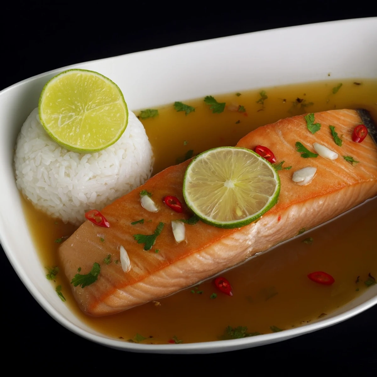 Coconut Lime Poached Salmon Dinner served over jasmine rice with cilantro