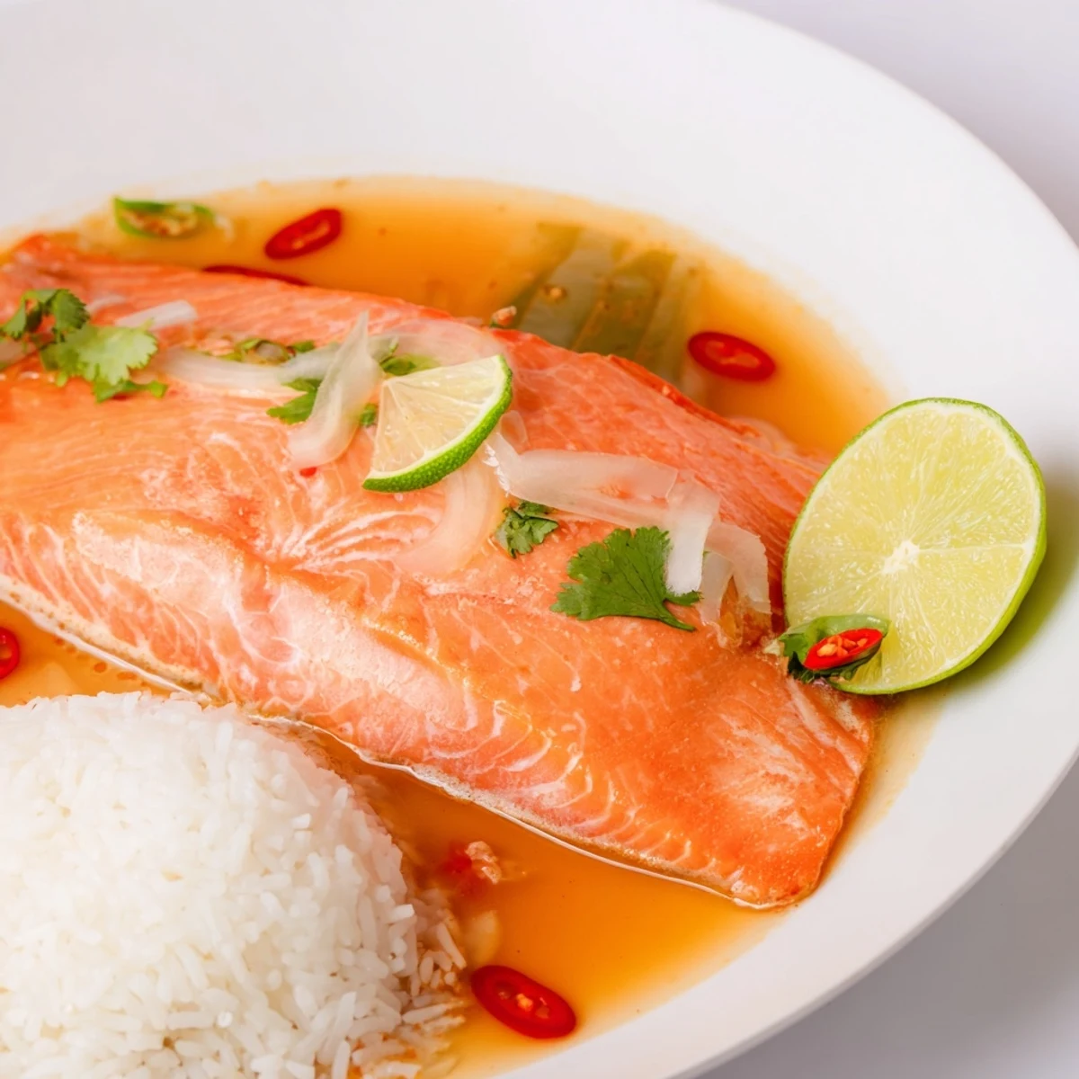 Silky Coconut Lime Poached Salmon Dinner simmering in fragrant coconut and lime broth