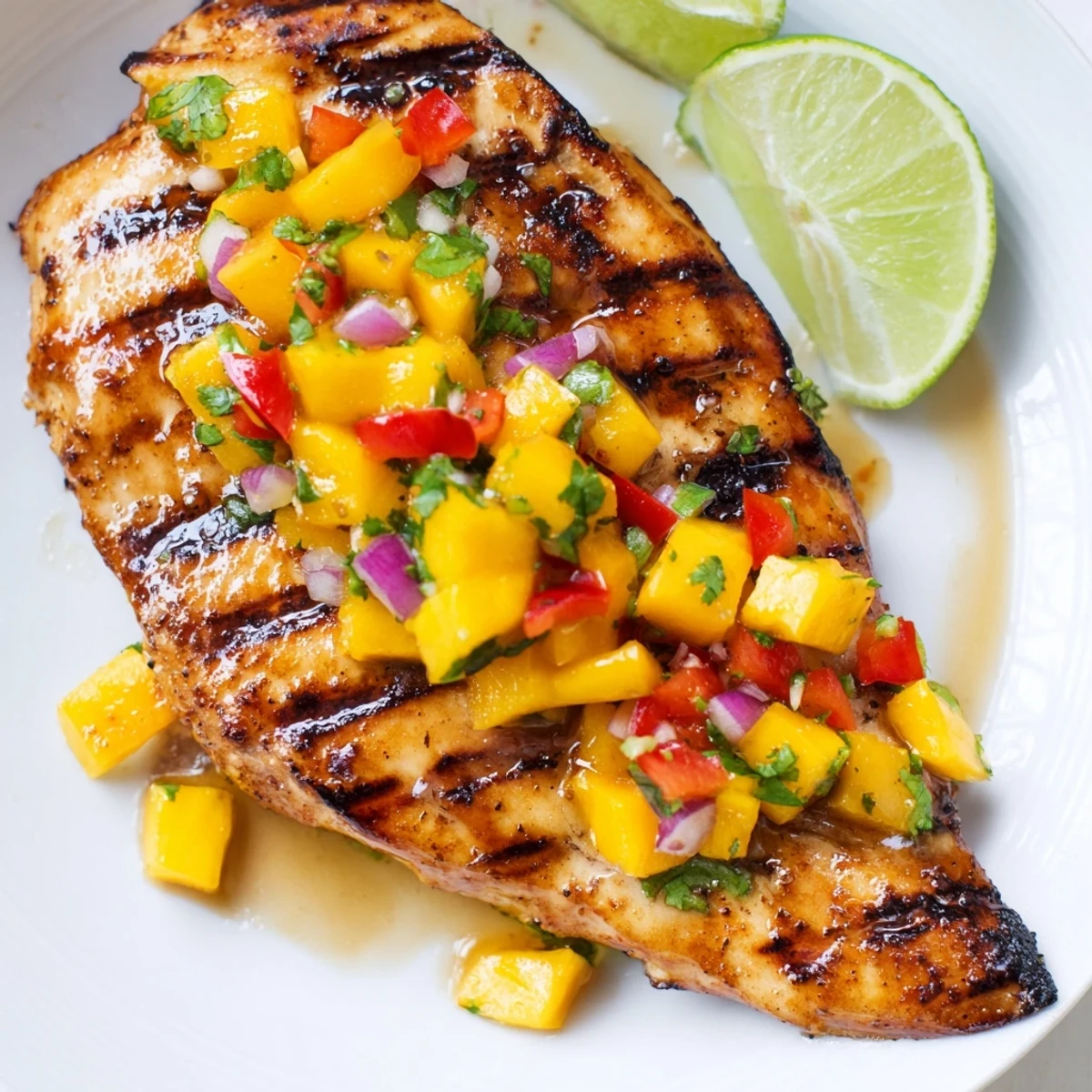 Sliced Honey Lime Chicken With Mango Salsa topped with zesty lime wedges  