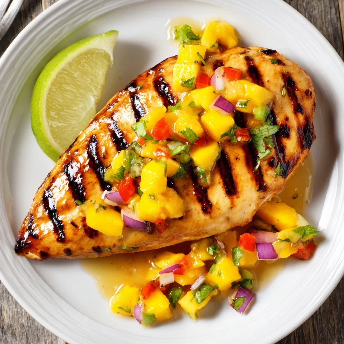 Close-up of Honey Lime Chicken With Mango Salsa, grilled with charred edges  