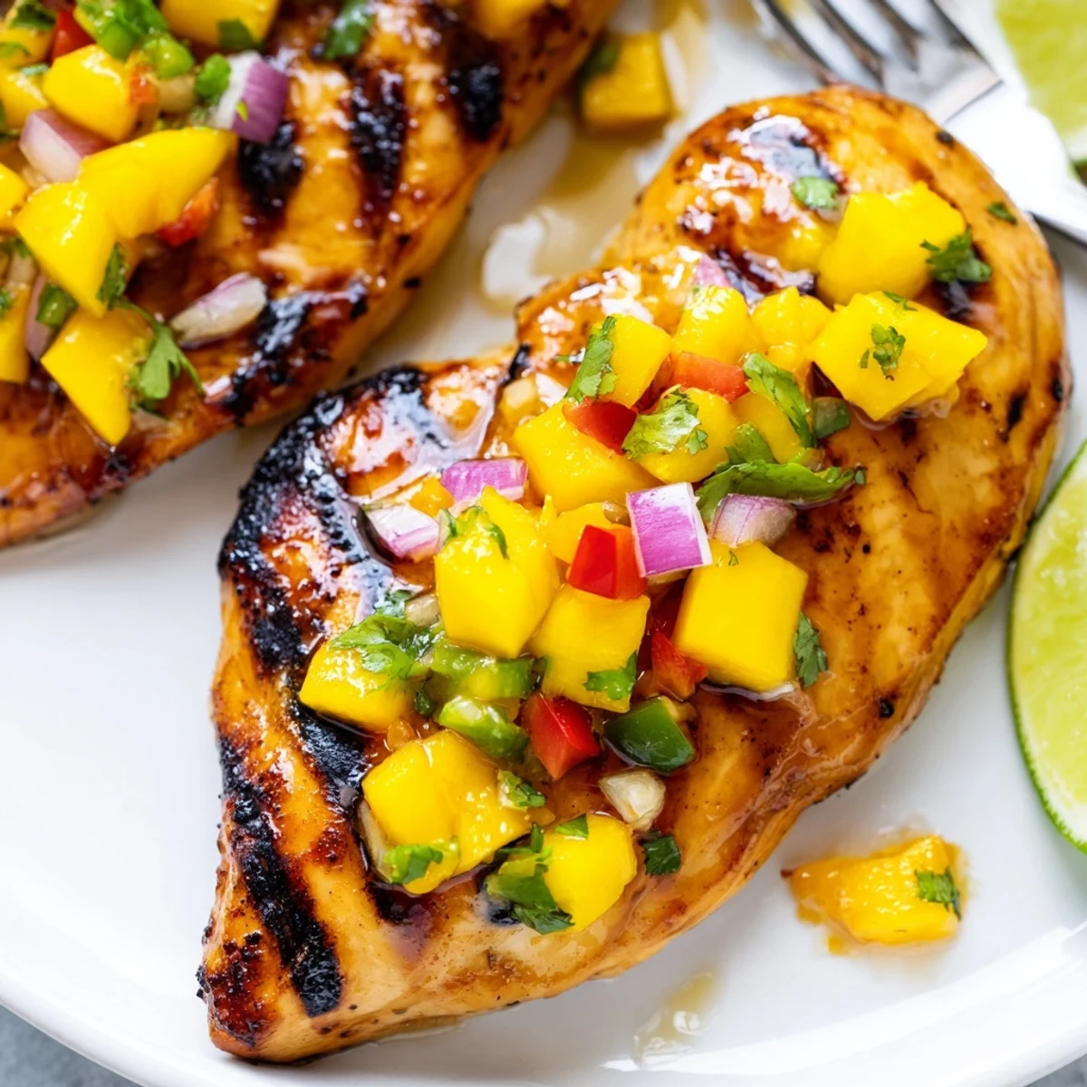 Plated Honey Lime Chicken With Mango Salsa on fluffy rice, bright tropical salsa