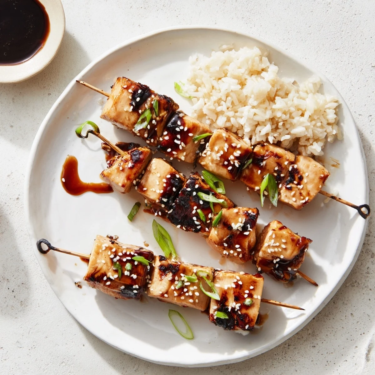 Grilled Teriyaki Chicken Skewers charred edges, juicy centers, served over rice