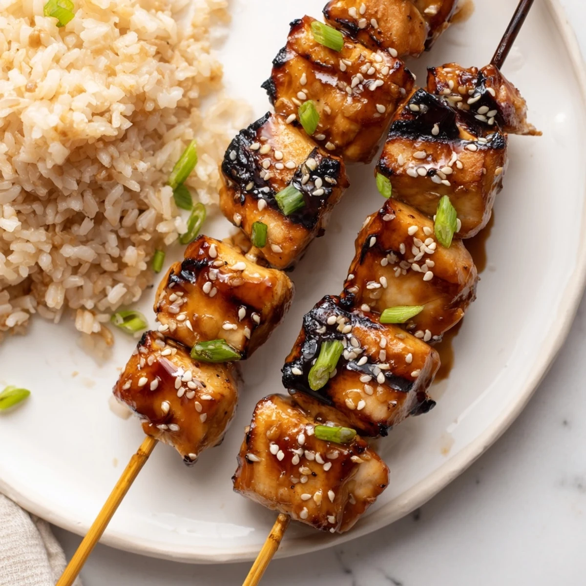 Teriyaki Chicken Skewers glistening with sticky glaze, toasted sesame and scallions